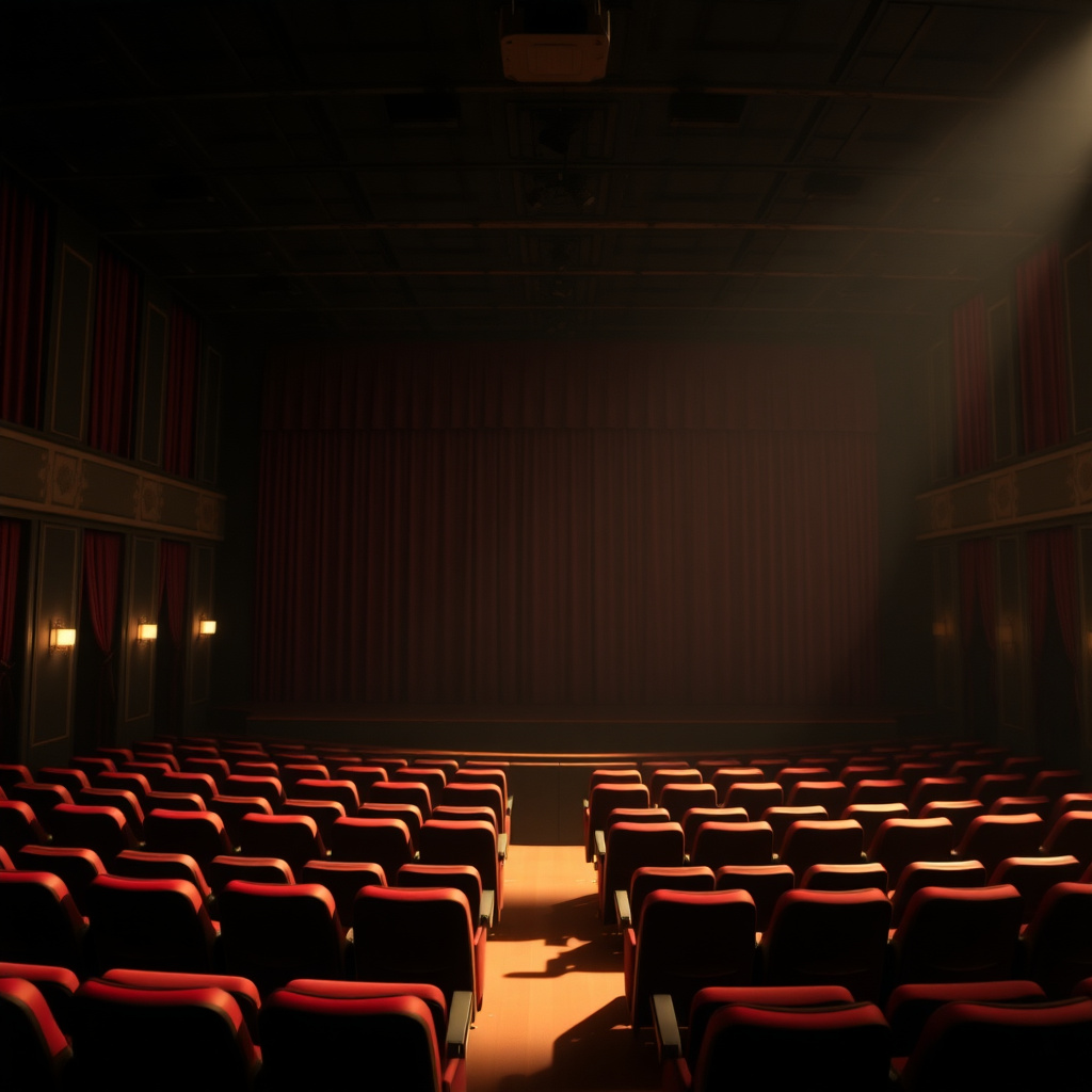 Cinematic background showing a dark theater hall